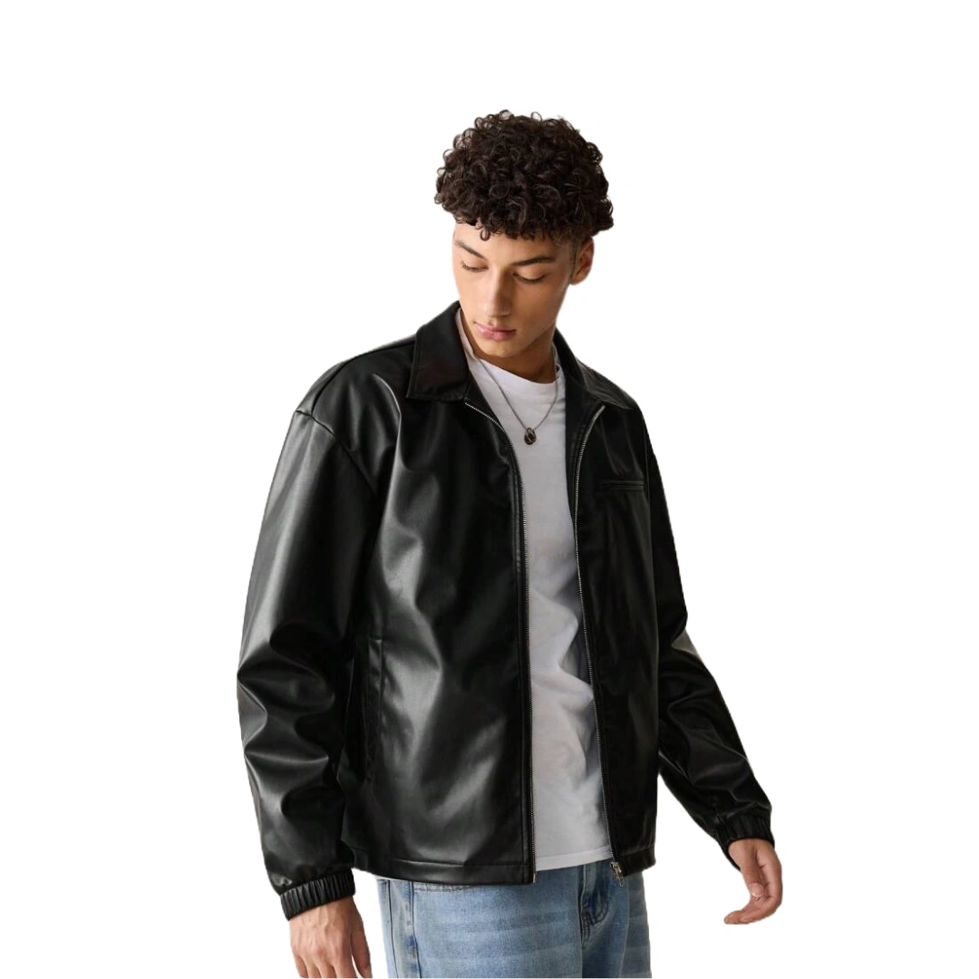 Primosy black faux leather jacket with a shirt collar and zipper closure.